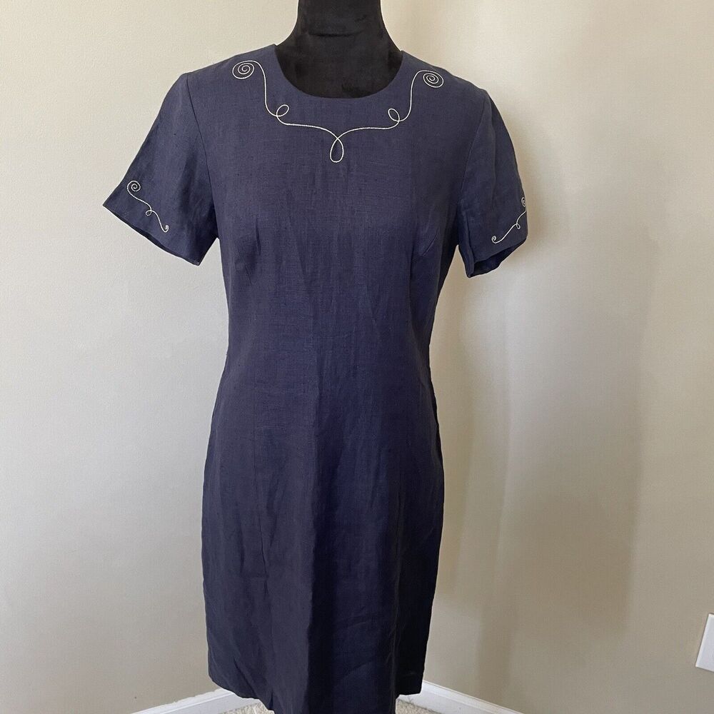 German Linen Dress US Size 10 UK 14 Navy Blue Landhaus Decorative Stitching EUC
